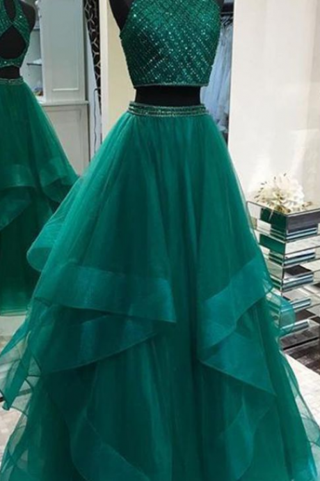 Two Piece Prom Dresses High Neck Beaded Green Elegant Tiered Tulle Prom Gown Robe De Soiree