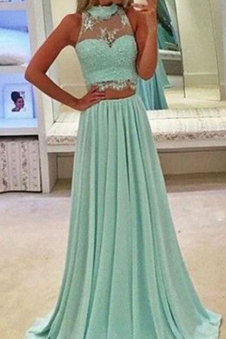 Fashion Prom Dresses, Long Prom Dress,two Piece Prom Dresses,halter Neckline Prom Gown,green Prom Dress,2 Pieces Evening Dresses,prom Dress
