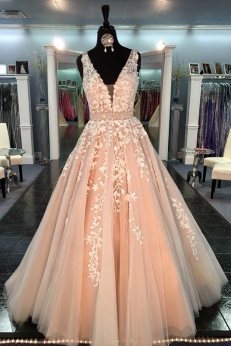 Lace Prom Dresses, Long Prom Dresses, Prom Dresses With Appliques, Tulle Prom Dresses, Backless Prom Gowns, Pageant Gowns,
