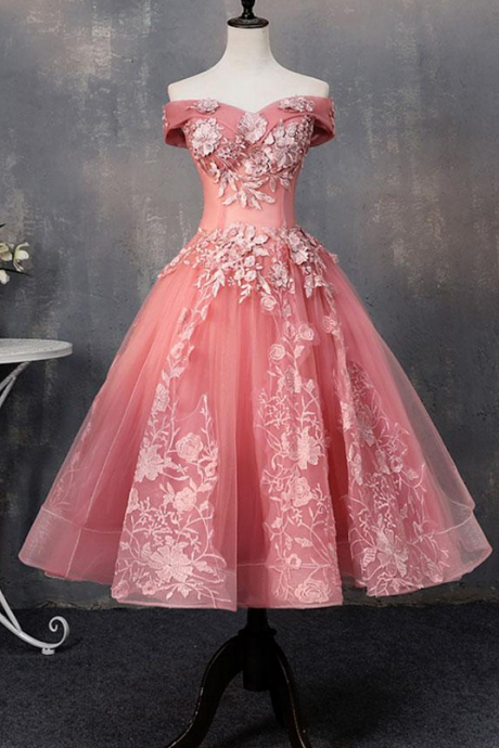 Pink Tulle Lace Off Shoulder Short Prom Dress, Pink Evening Dress
