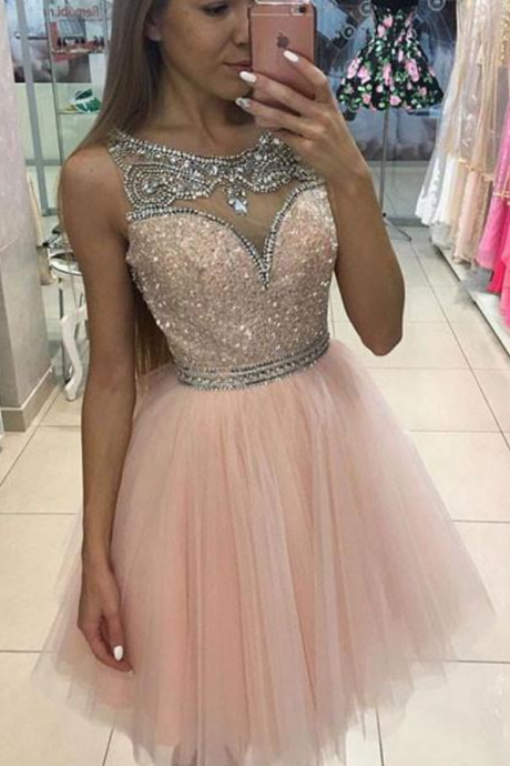 Pink Round Neck Sequin Tulle Short Prom Dress, Cute Homecoming Dress