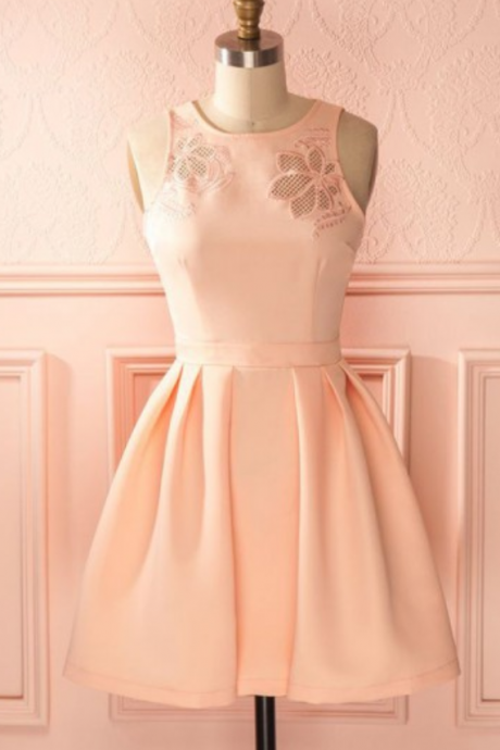 A-line Crew Hollow Short Coral Satin Homecoming Dress