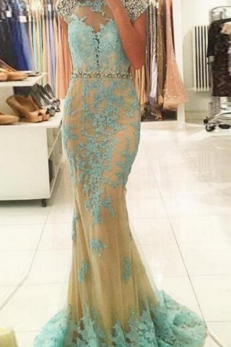 Charming Prom Dress, Appliques Lace Mermaid Evening Dress, Formal Evening Gown