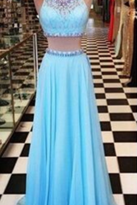 Two Piece Evening Dresses ,o-neck Sleeveless Backless Chiffon Crystal A-line Party Gown Prom Dress
