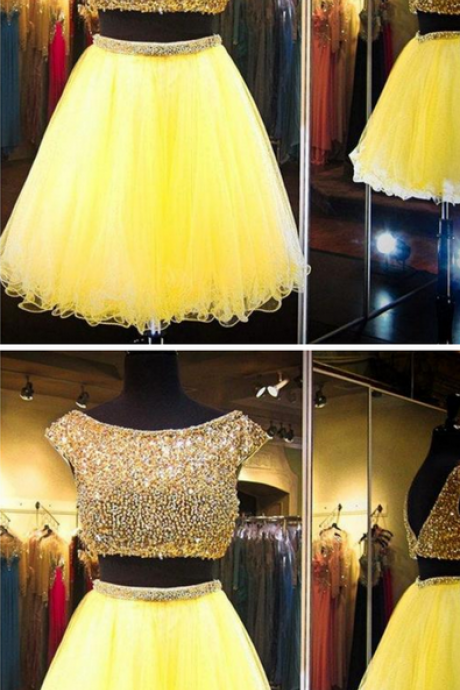 Yellow Two Piece Cap Sleeve Homecoming Dresses Beaded Cocktail Dresses