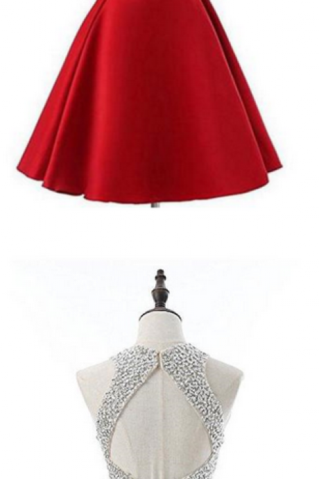 Red Jewel Satin Short Homecoming Dress,prom Dress With Beads, A Line Sparkly Homecoming Dresses