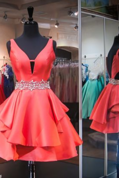 Coral V-neck Short Homecoming Dress, Backless, Satin, Charming Red Homecoming Dress, Above-knee Prom Dresses