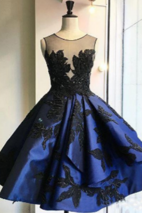 Navy Blue Appliques Satin A Line Homecoming Dress