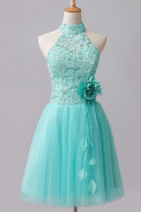 Mint A-line Halter Lace Flowers Short Homecoming Dresses, Homecoming Dress,prom Dress With Flower