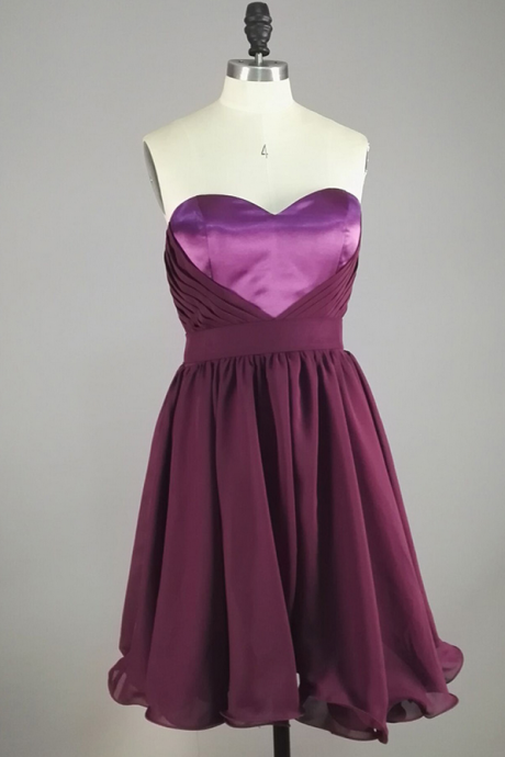 Purple Satin Sweetheart Neckline Ruched Short Chiffon Evening Dress, Party Dresses, Homecoming Dresses