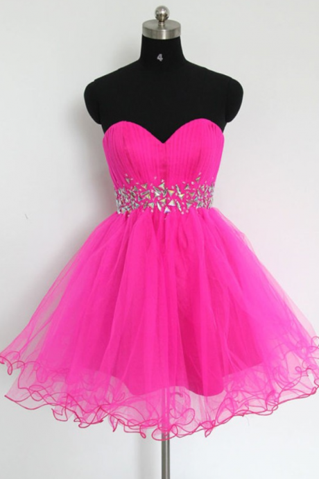 Pink Short Prom Dresses Rhinestones Sweetheart Organza Homecoming Dresses With Ruched Bodice
