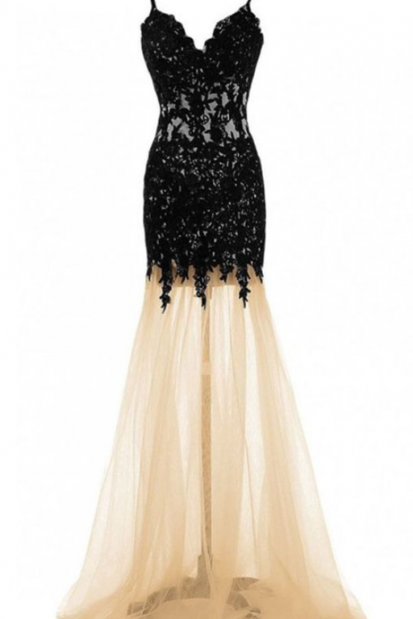  Sexy Spaghetti Straps Tulle Prom Dress, Appliques Lace Mermaid Prom Dresses, Long Evening Dress 
