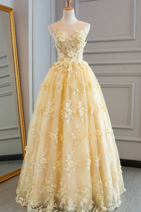  Spring yellow lace customize long A-line senior prom dress, long lace halter evening dress