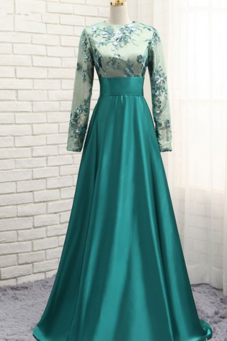 Green Muslim Evening Dresses A-line Long Sleeves Satin Sequins Elegant Long Saudi Arabic Evening Gown Prom Dresses ,custom Made,party Gown