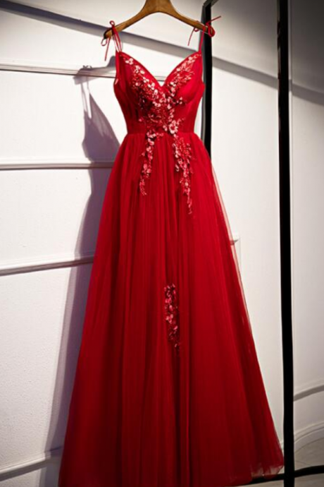 Beautiful Red Tulle V-neckline Long Prom Dress, Sexy Formal Gown