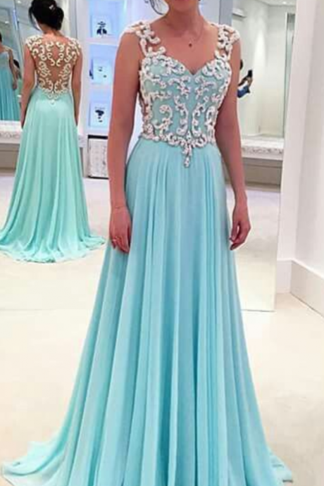Lace Prom Dresses,light Sky Blue Prom Dress,modest Prom Gown,a Line Prom Gown,lace Evening Dress,chiffon Evening Gowns,lace Party Gowns