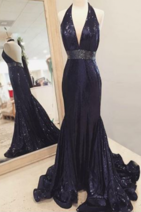  Mermaid Halter Backless Sweep Train Navy Blue Sequined Prom Dress with Ruffles