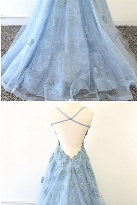 Tulle Lace Long Prom Dress, Blue Tulle Lace Evening Dress
