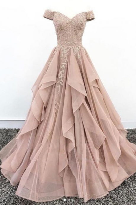 Off The Shoulder Tulle Champagne Appliques Prom Dress, Formal Evening Gowns