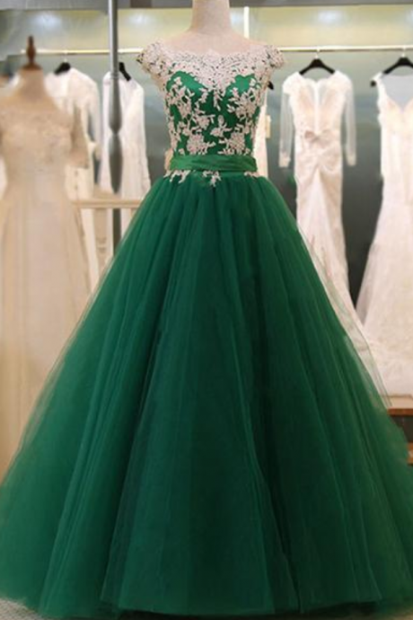 Green Tulle A Line Long Flower Lace Applique Cap Sleeve Senior Prom Dress