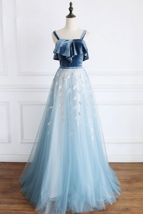 Blue Tulle Velvet Long A Line Senior Prom Dress, Formal Dress With Applique