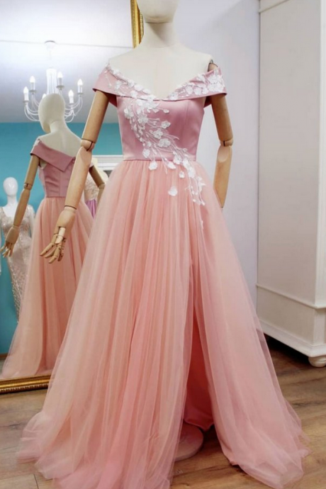 Pink Satin V Neck Long Slit Senior Prom Dress With Lace Applique