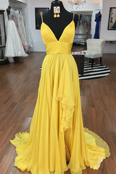 Fresh Yellow Chiffon V Neck Long Prom Dress, Ruffles Evening Dress