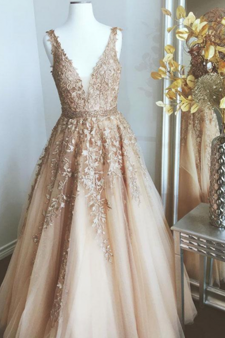 Champagne Tulle Lace Applique Long Beaded Waistline Prom Dress, Formal Dress