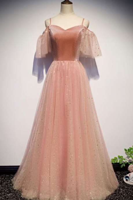 Orange Pink Star Floral Tulle Long Velvet Prom Dress, Evening Dress