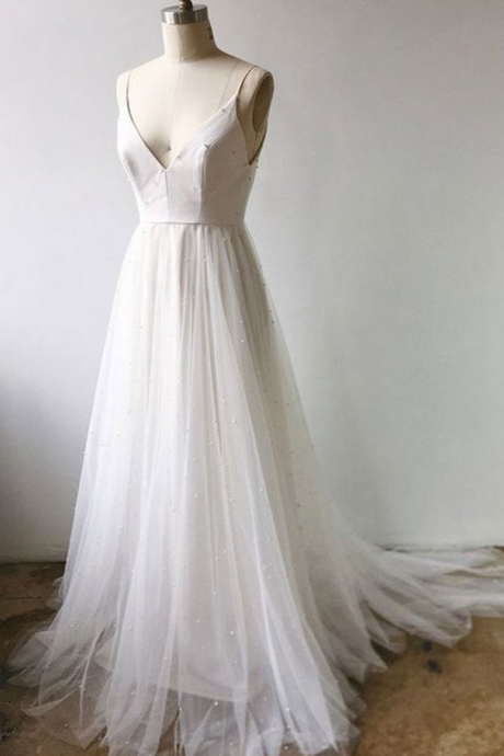 White Tulle A Line Custom Size Long Prom Dress, Summer Dress