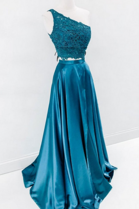 Green Satin Lace One Shoulder Two Pieces Long Homecoming Dress, Party Dress