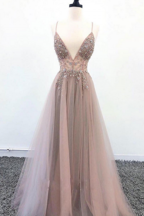 Deep Champagne Tulle V Neck Long Spaghetti Straps Sequins Evening Dress, Prom Dress