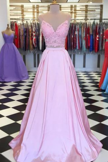 Pink Two Pieces Long Lace Two Pieces Senior Prom Dress, Pink Evening Dress