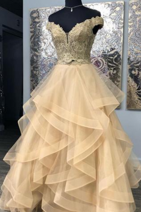 Pretty Gold Lace Two Pieces Off Shoulder Layered Senior Prom Dress, Homecoming Dress