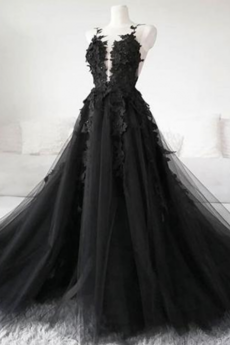 Unique Black Tulle V Neck Sheer Back Lace Applique Evening Dress, Formal Dress