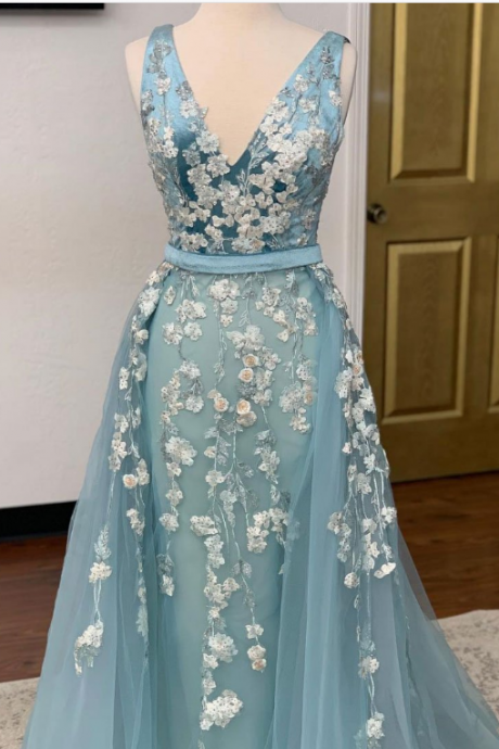 Blue Tulle V Neck Long Beaded Lace Applique Senior Prom Dress, Long Evening Dress