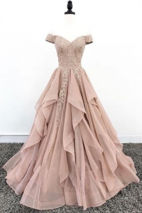 Champagne Tulle Off Shoulder V Neck Lace Evening Dress, Ruffles Senior Prom Dress