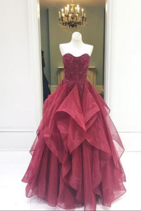 Burgundy Lace Sweetheart Long Tulle Ruffles Evening Dress, Pageant Prom Dress