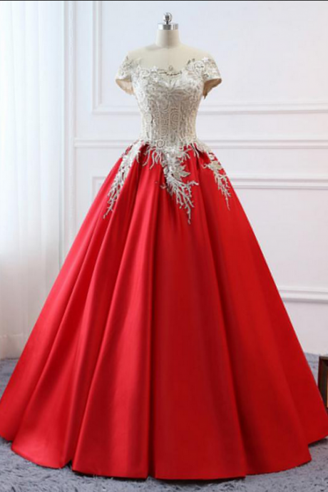 Red Satin Cap Sleeve Plus Size Women Formal Dress, Lace Quinceanera Dress