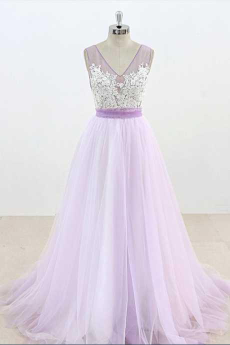 Lavender Tulle V Neck Applique Long Evening Dress, Prom Dress With Sash