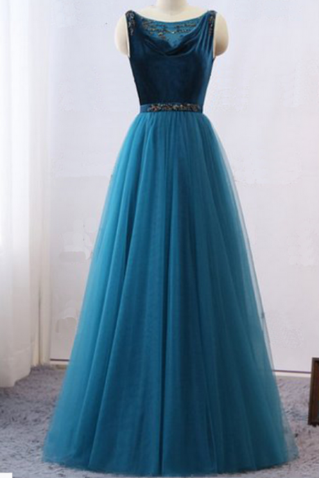Peacock Blue Velvet Tulle Open Back Long Mother Bridal Dress, Prom Dress