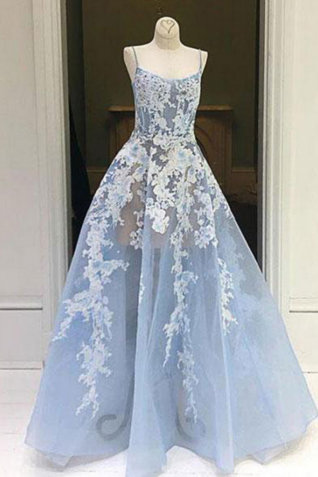 Blue Tulle Sweep Train Spaghetti Straps Evening Dress, Prom Dress With Applique