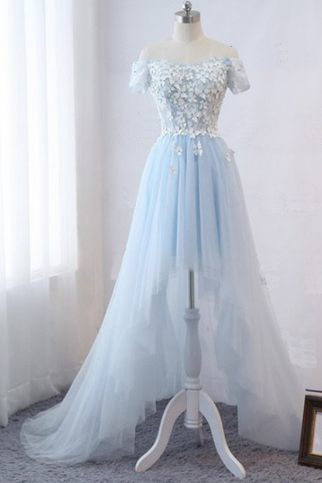 Baby Blue Tulle Off Shoulder Short Sleeve High Low Prom Dress, Homecoming Dress