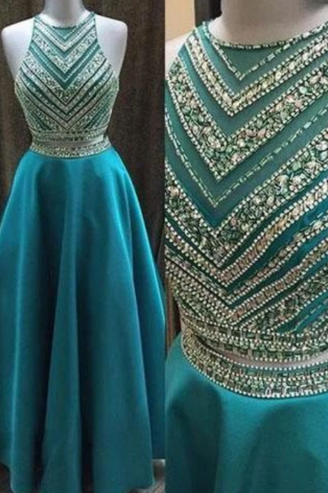 Two Pieces Beaded Crew Neck Prom Dress-zipper-up Satin Long Prom Dresses