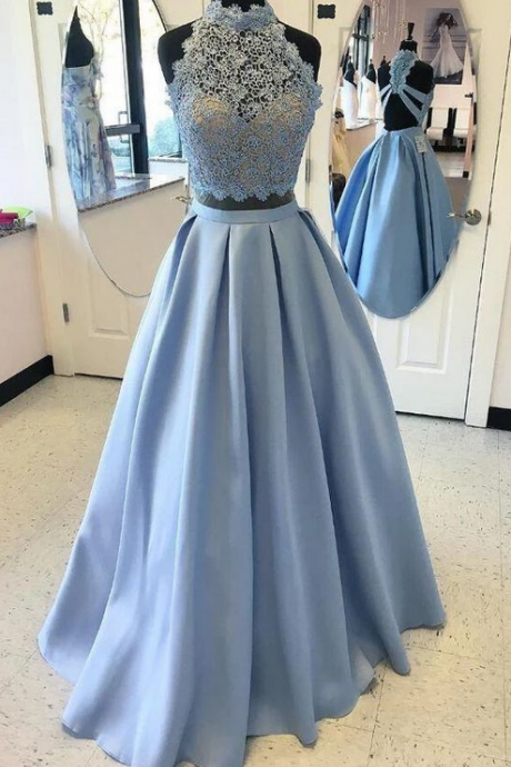 Two Piece Sky Blue Prom Dress 2019 Two Piece Sky Blue Long Prom Dresses