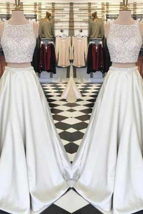 Stunning White Satin Two Pieces Sequins Rhinestone Round Neck A-line Prom Dresses
