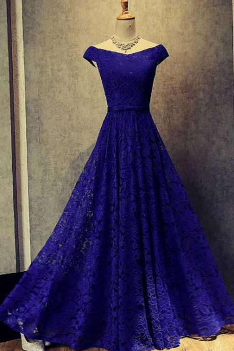 Simple Royal Blue A-Line Lace Off-the-Shoulder Lace up Hollow Prom Dresses UK