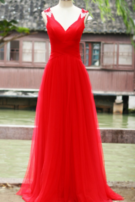 Charming Evening Dress,red A Line Evening Dresses,v-neck Formal Dress