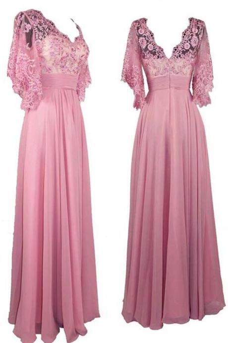 Custom Made Pink Chiffon Prom Dress,sexy V-neck Lace Evening Dress, Floor Length Beaded Party Dress