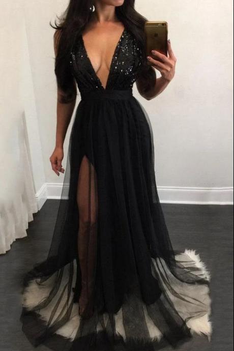 Elegant A Line Sequins Black Tulle V Neck Mesh Patchwork Pleated Maxi Prom Dresses 